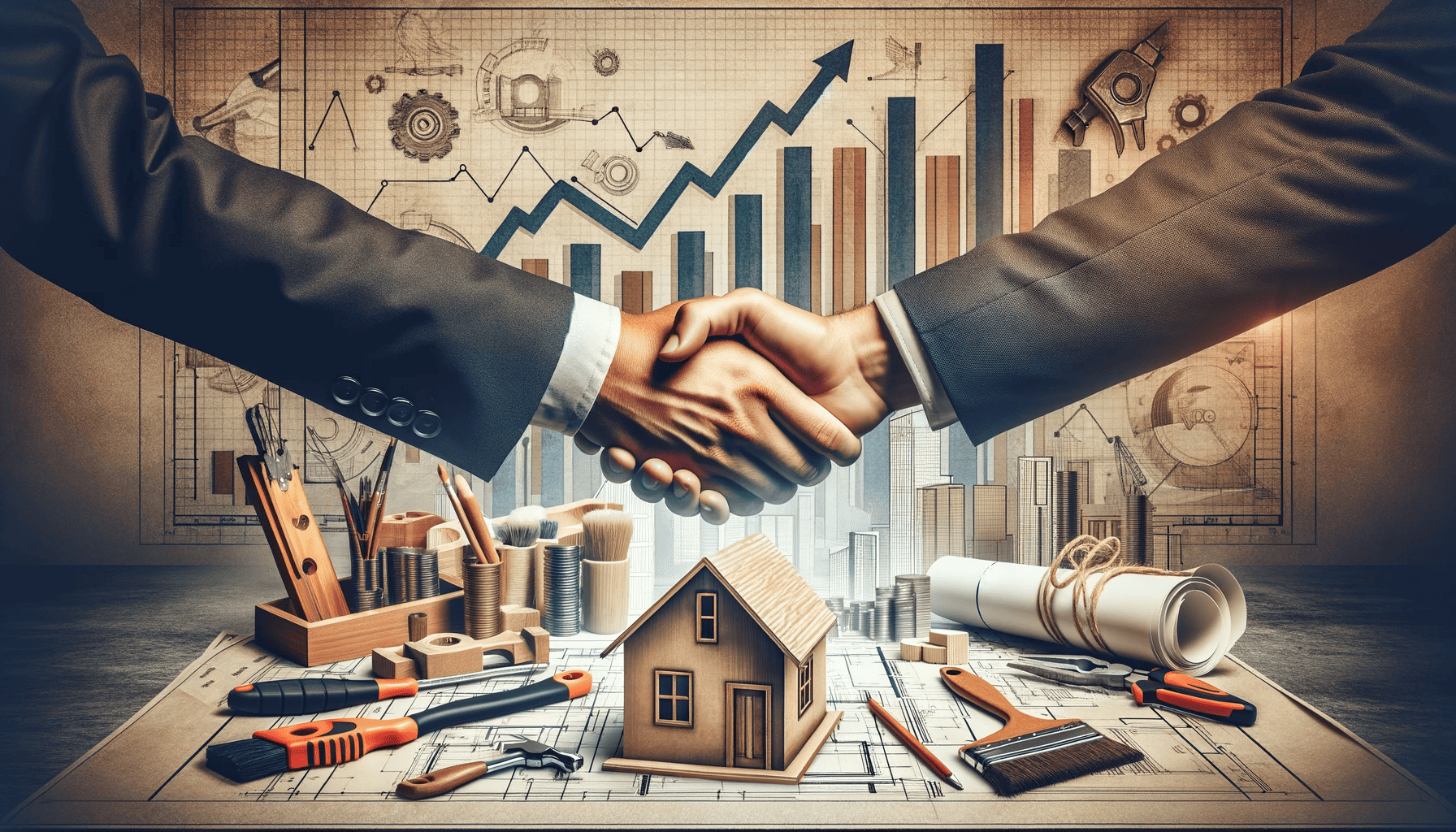 A conceptual image that symbolizes the real estate industry and construction The main focus is a firm handshake between two individuals dressed in business suits
