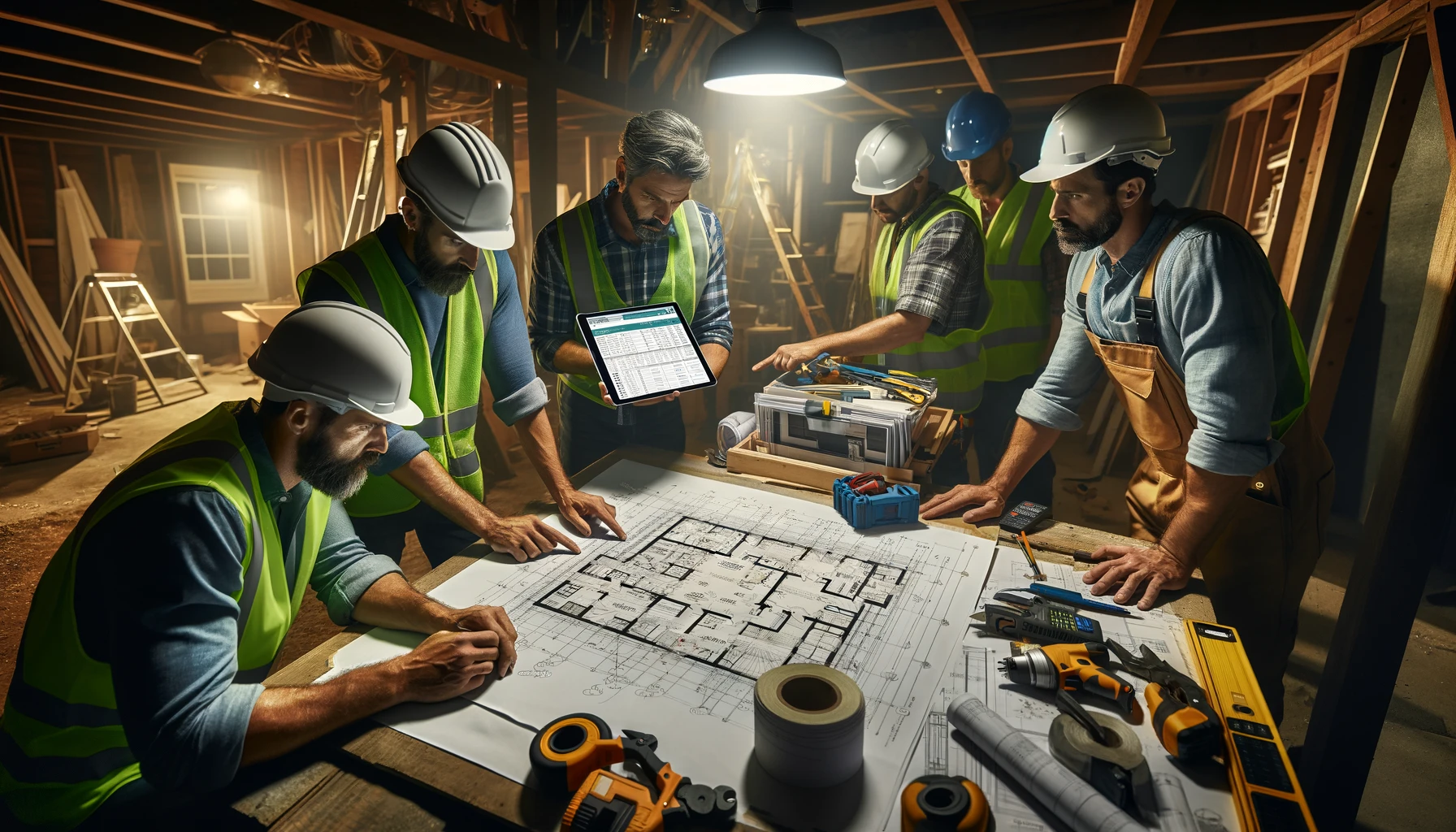 photorealistic photograph depicting a remodeling contractor team efficiently working on a project site.