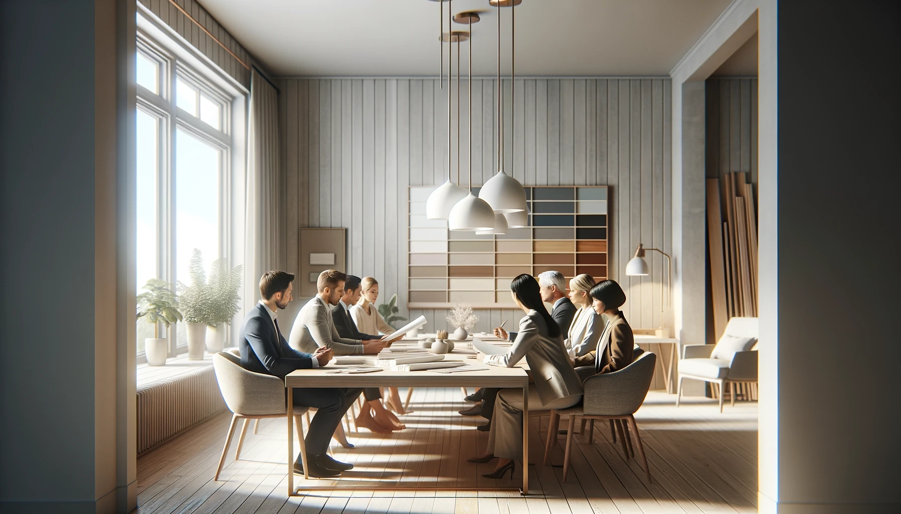A clean, photographic scene of a small, diverse group of people gathered around a spacious, uncluttered table, deeply focused on discussing home remodeling project