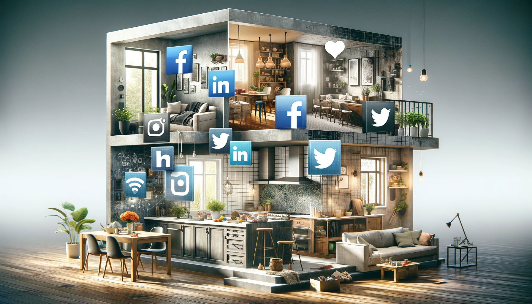 modern collage that showcases before-and-after photos of home remodeling projects, integrating social media platform icons like Facebook