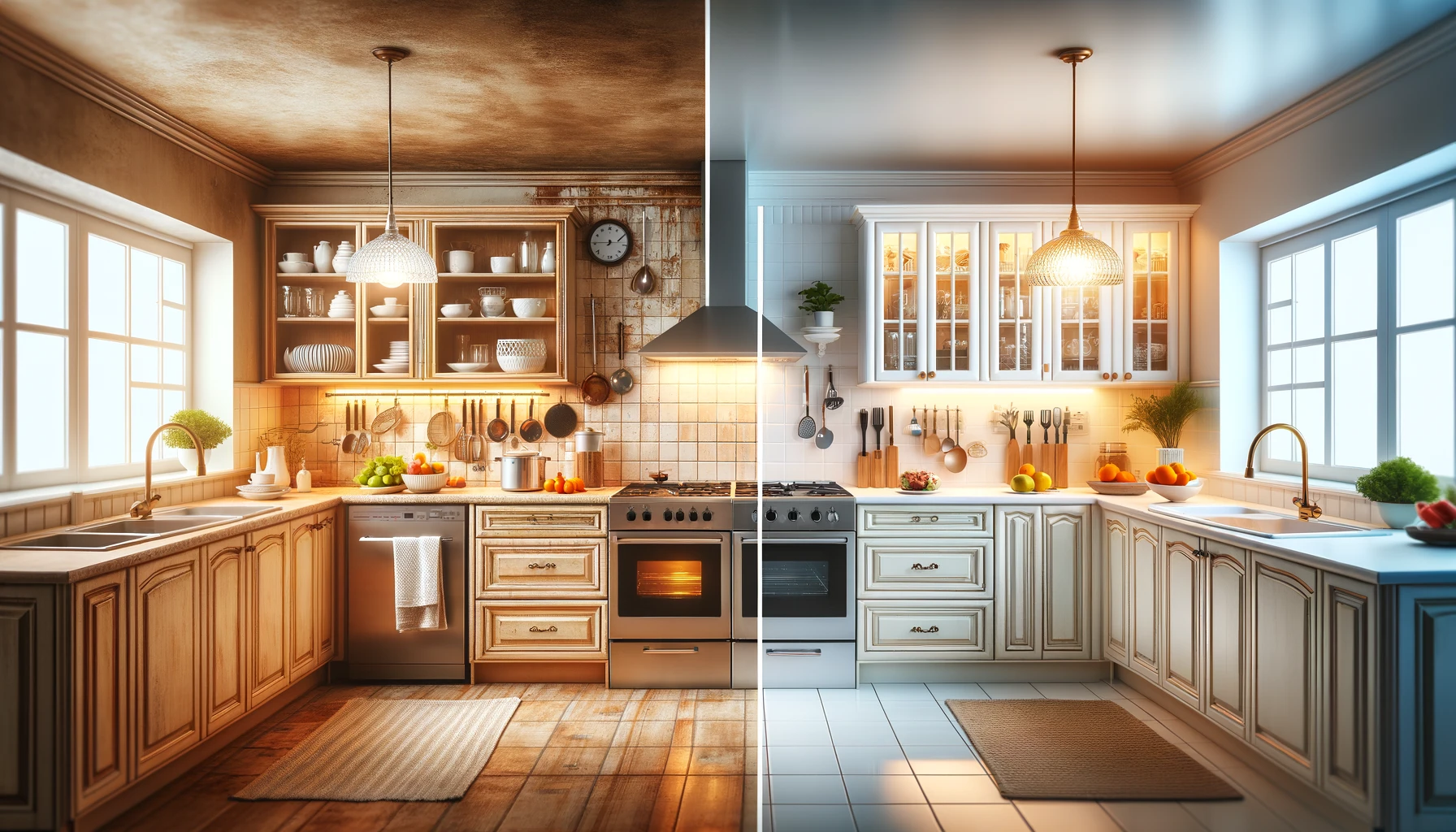 photograph image of a before-and-after comparison of a kitchen remodeling project.