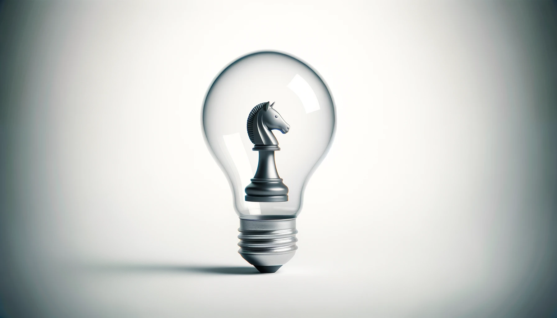 A minimalist image featuring a light bulb with a chess piece, specifically a knight, inside it, placed on a clean, white background.