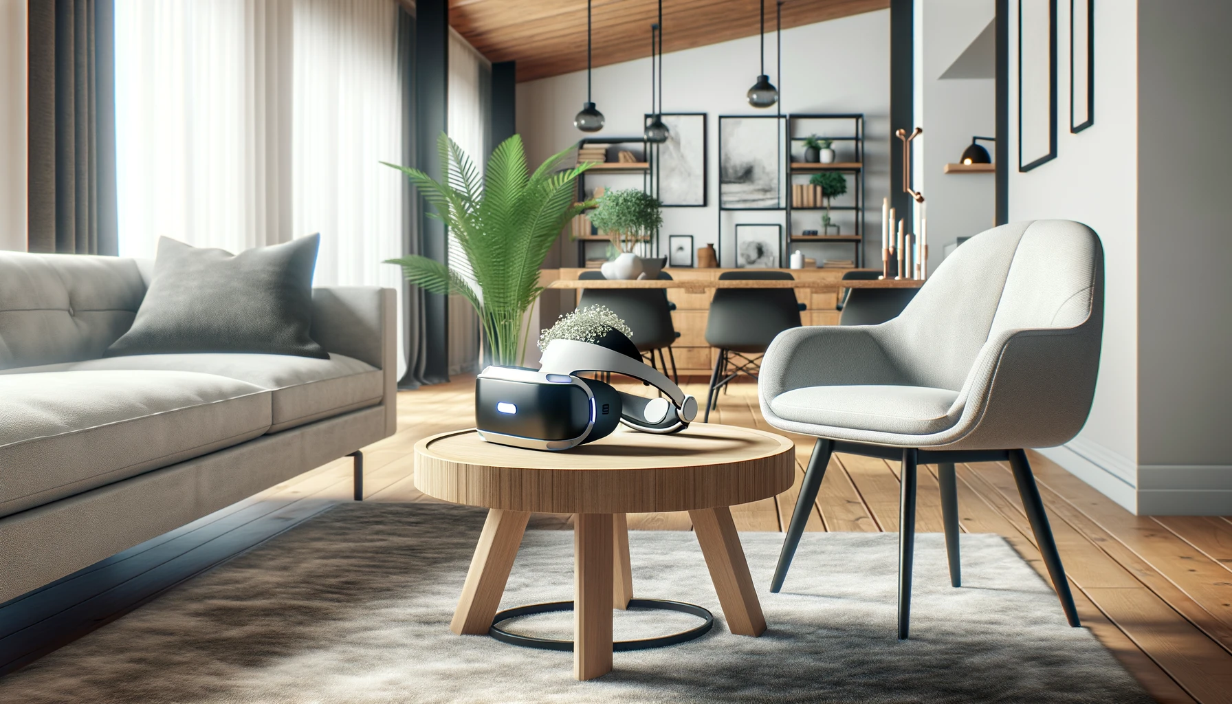 A modern, simple living room with a virtual reality headset on a coffee table. The room embody a cozy, inviting environment