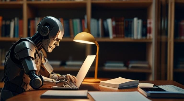 AI robot working on a laptop in office environment