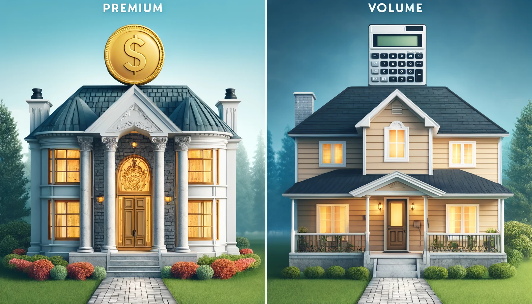 Visualize the concept of premium versus volume pricing in the remodeling industry with two homes side by side.