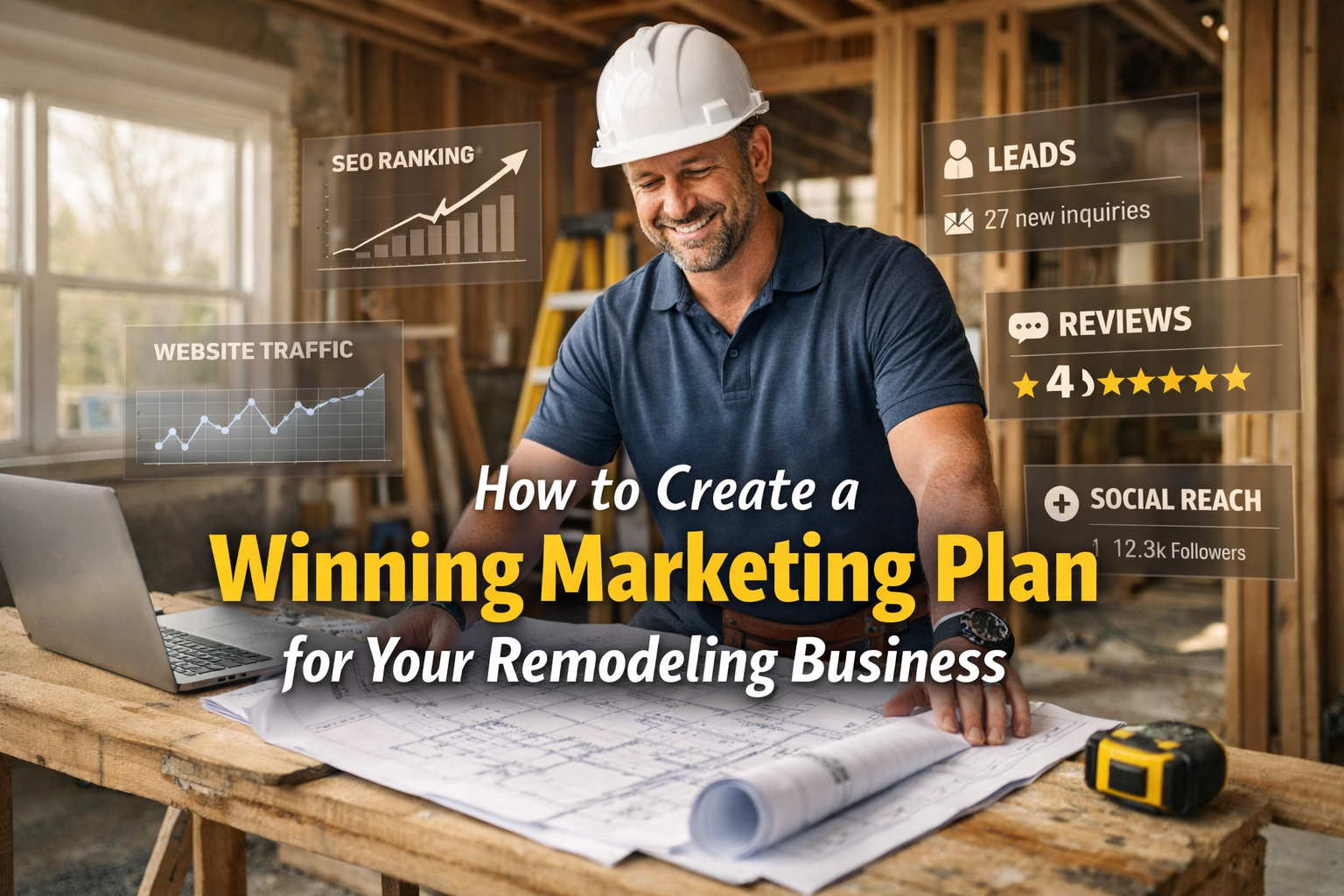 Remodeling business owner reviewing construction blueprints on a job site with digital marketing analytics overlays representing SEO rankings, website traffic, leads, and online reviews, with the title “How to Create a Winning Marketing Plan for Your Remodeling Business.”