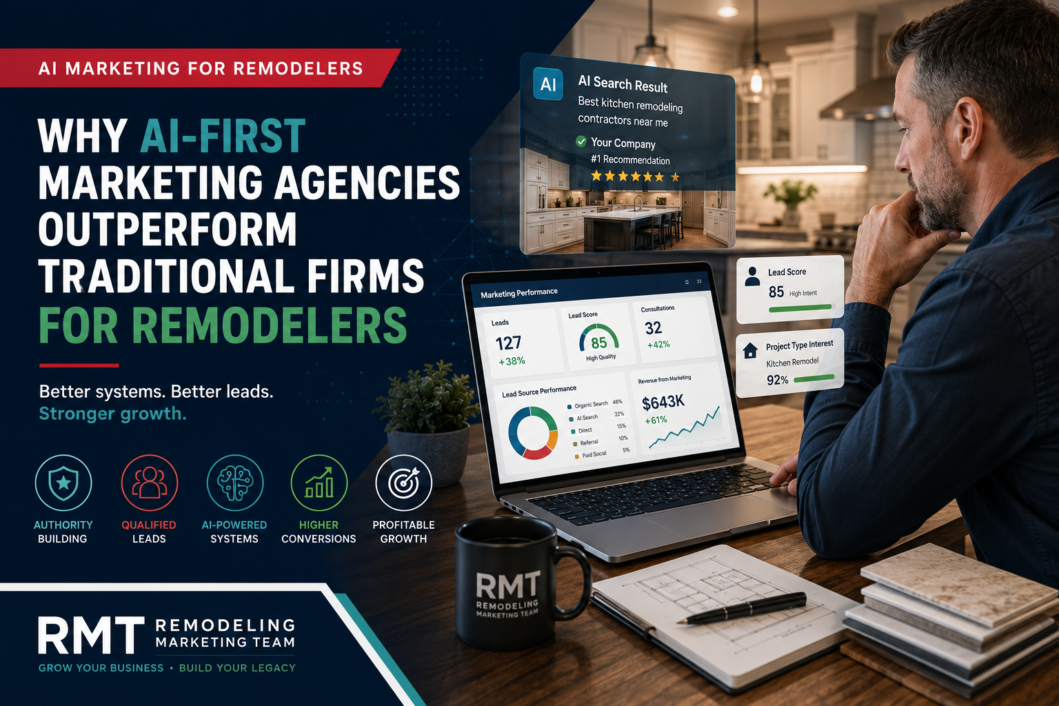AI-first marketing strategy for remodelers showing lead scoring, search visibility, and performance analytics for better remodeling business growth.