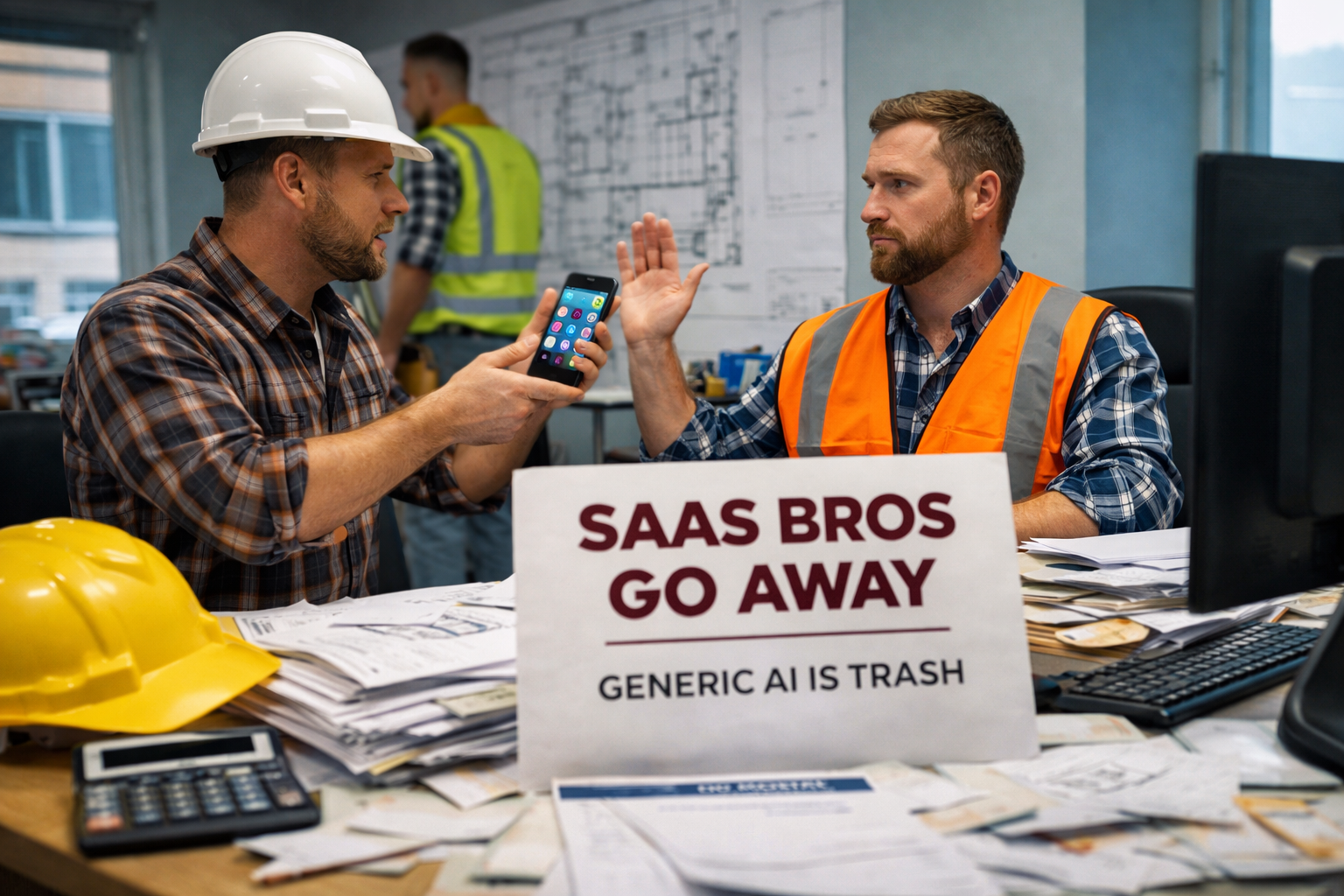 Contractors in a cluttered construction office rejecting generic SaaS and AI solutions, highlighting frustration with software overload and demand for practical business systems