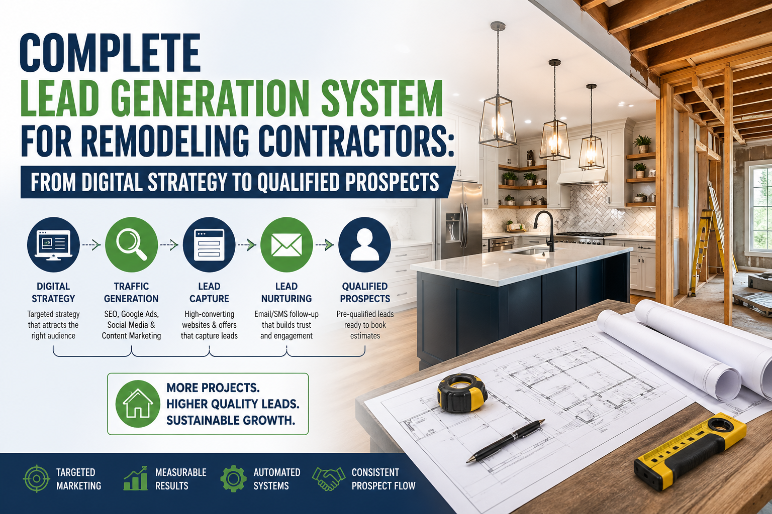 Complete lead generation system for remodeling contractors showing digital strategy, traffic generation, lead capture, nurturing, and conversion into qualified prospects alongside a modern kitchen remodel scene.