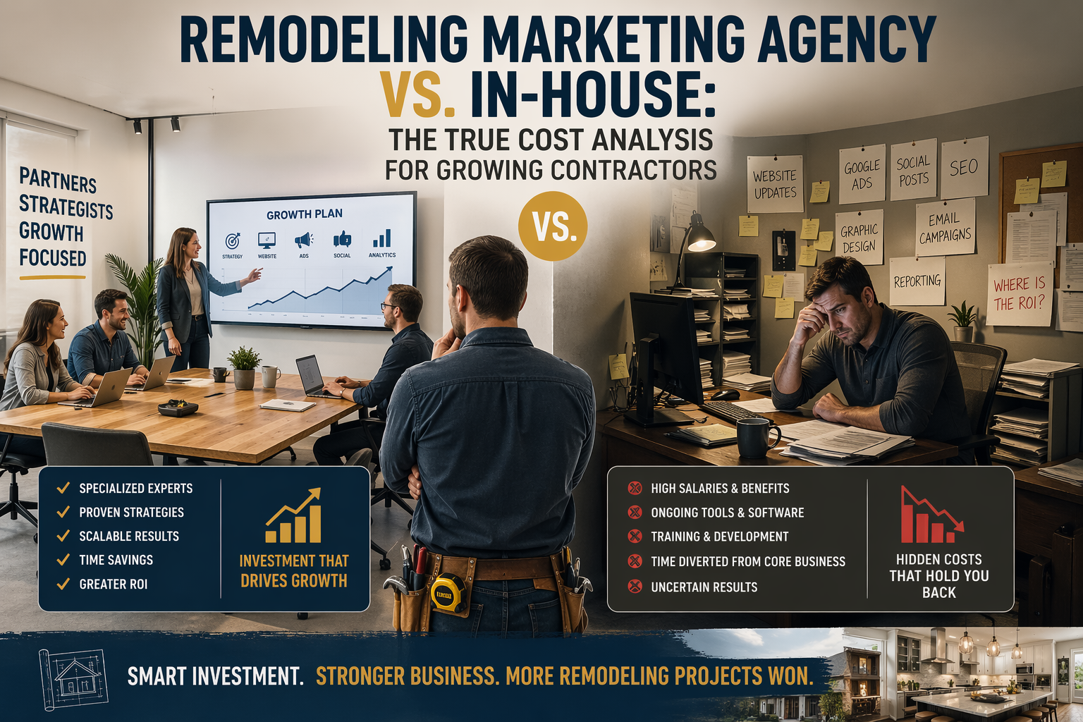 A wide split-screen banner showing a contractor choosing between two paths: on the left, a clean, collaborative marketing agency team presenting growth strategies and upward-trending results; on the right, a stressed individual working alone at a cluttered desk surrounded by marketing tasks and notes about rising costs. The image emphasizes the contrast between scalable agency support and the hidden costs and overwhelm of in-house marketing for remodeling contractors.