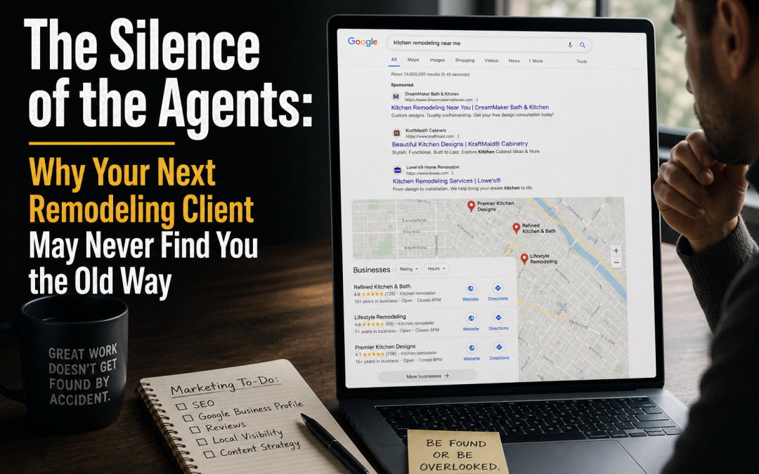 Portrait-style marketing image showing a man at a desk looking at a laptop displaying Google search results and a local map pack for “kitchen remodeling near me,” with bold headline text reading “The Silence of the Agents: Why Your Next Remodeling Client May Never Find You the Old Way,” alongside a notebook with SEO and marketing tasks and a note emphasizing online visibility.
