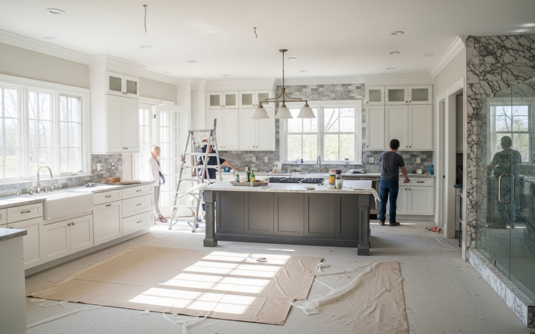 Contractor reviewing home remodeling marketing strategy on laptop with renovation blueprints spread across desk