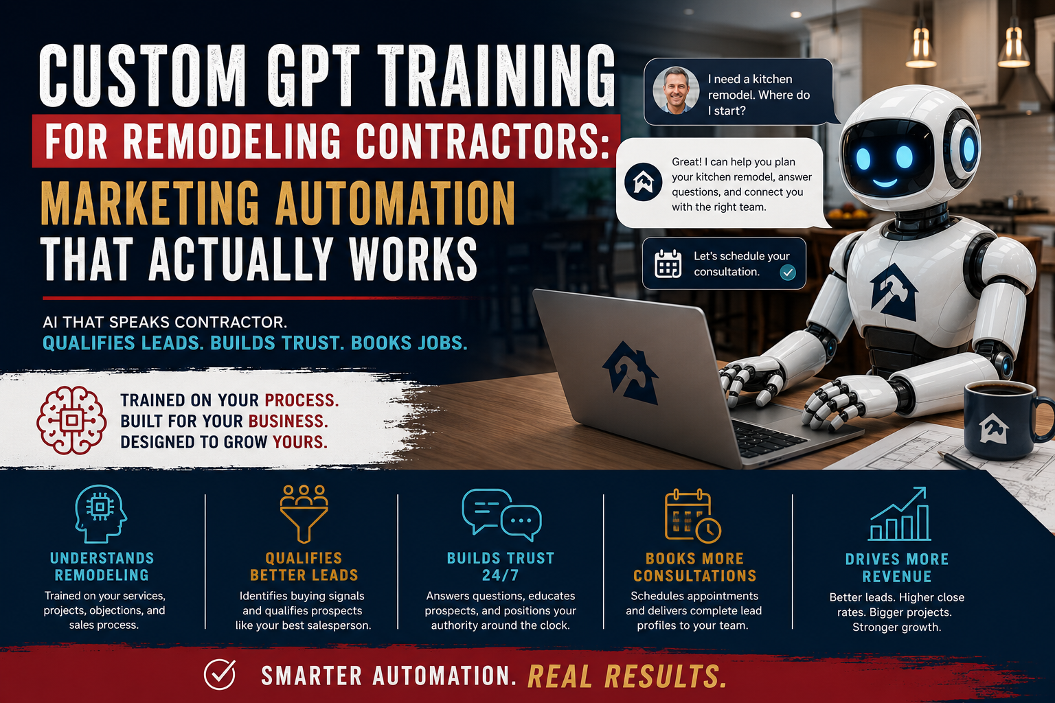 Custom GPT training for remodeling contractors with AI marketing automation that qualifies leads, builds trust, and books consultations.