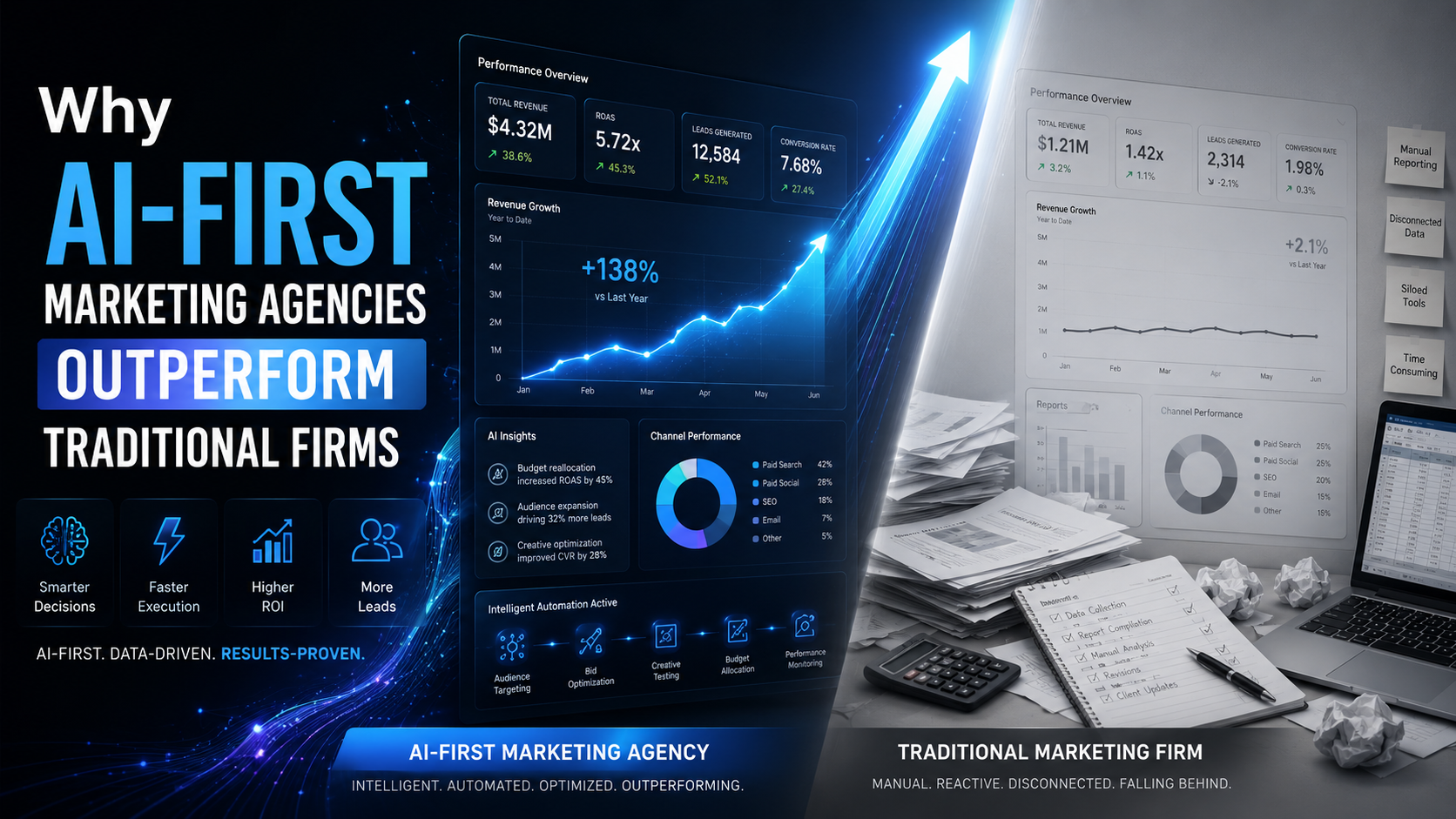 AI-first marketing agency dashboard with rising performance metrics compared against a traditional firm using manual reports, disconnected data, and slower growth.