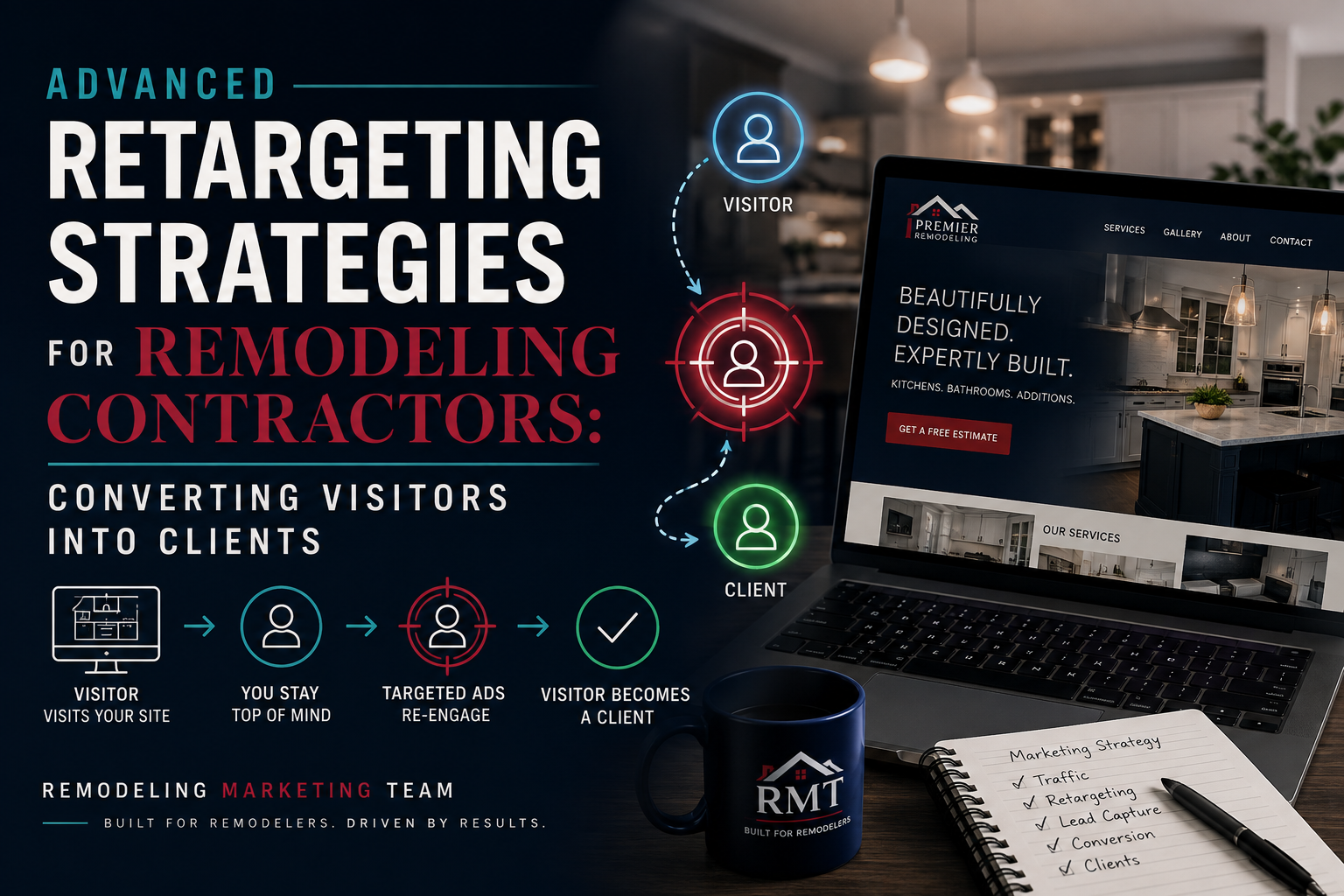 Bold marketing graphic about retargeting strategies for remodeling contractors, showing a visitor-to-client flow and a laptop preview.