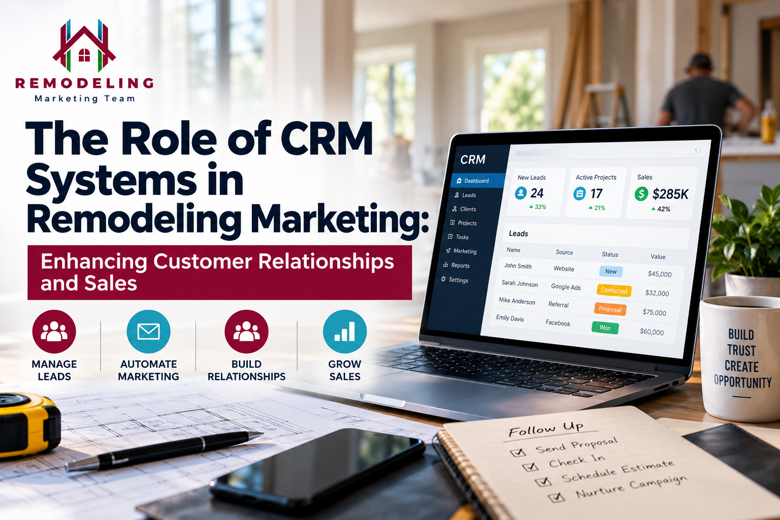 CRM system for remodeling marketing showing lead management, marketing automation, customer relationships, and sales growth.
