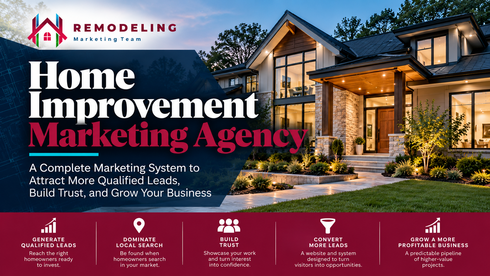Home improvement marketing agency graphic showing a luxury home, qualified lead generation, local search, trust building, conversion, and business growth.