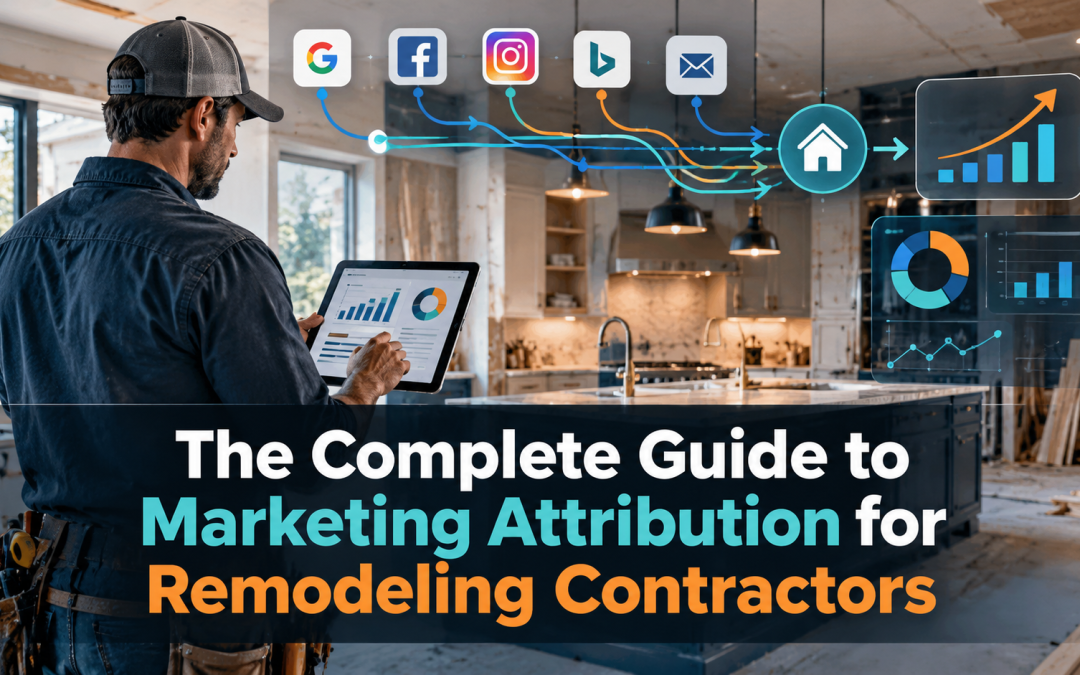Remodeling contractor reviewing marketing analytics on a tablet inside a renovated kitchen, with digital attribution tracking connecting Google, Facebook, Instagram, Bing, and email marketing to leads and business growth.