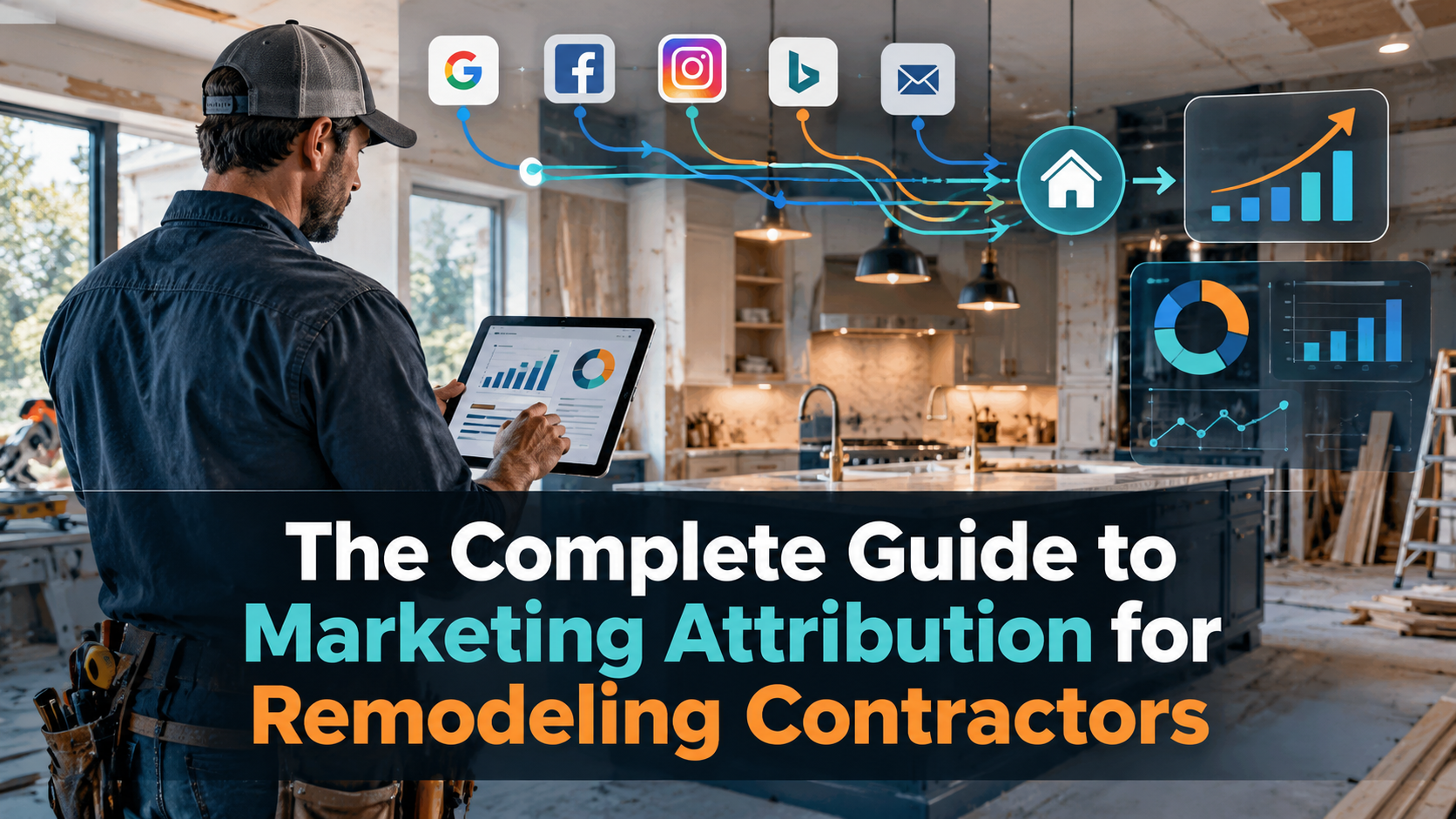 Remodeling contractor reviewing marketing analytics on a tablet inside a renovated kitchen, with digital attribution tracking connecting Google, Facebook, Instagram, Bing, and email marketing to leads and business growth.