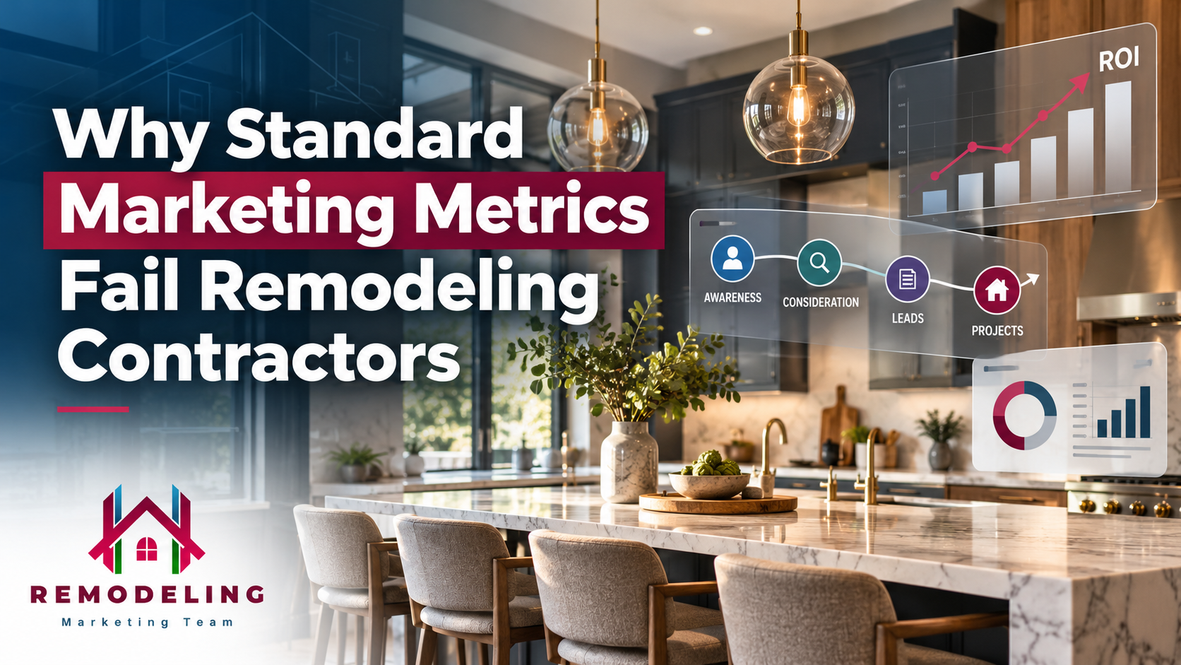 Remodeling marketing ROI dashboard over a modern kitchen renovation with charts showing awareness, leads, projects, and return on investment.