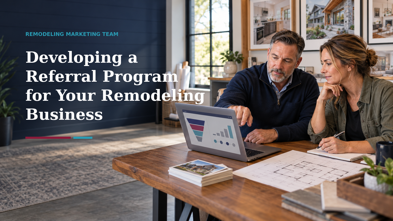 Remodeling company owner and project manager reviewing a referral program for their remodeling business.